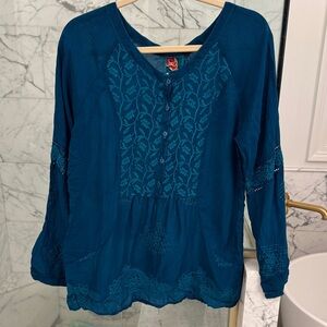 Johnny Was Deep Blue Embroidered Blouse